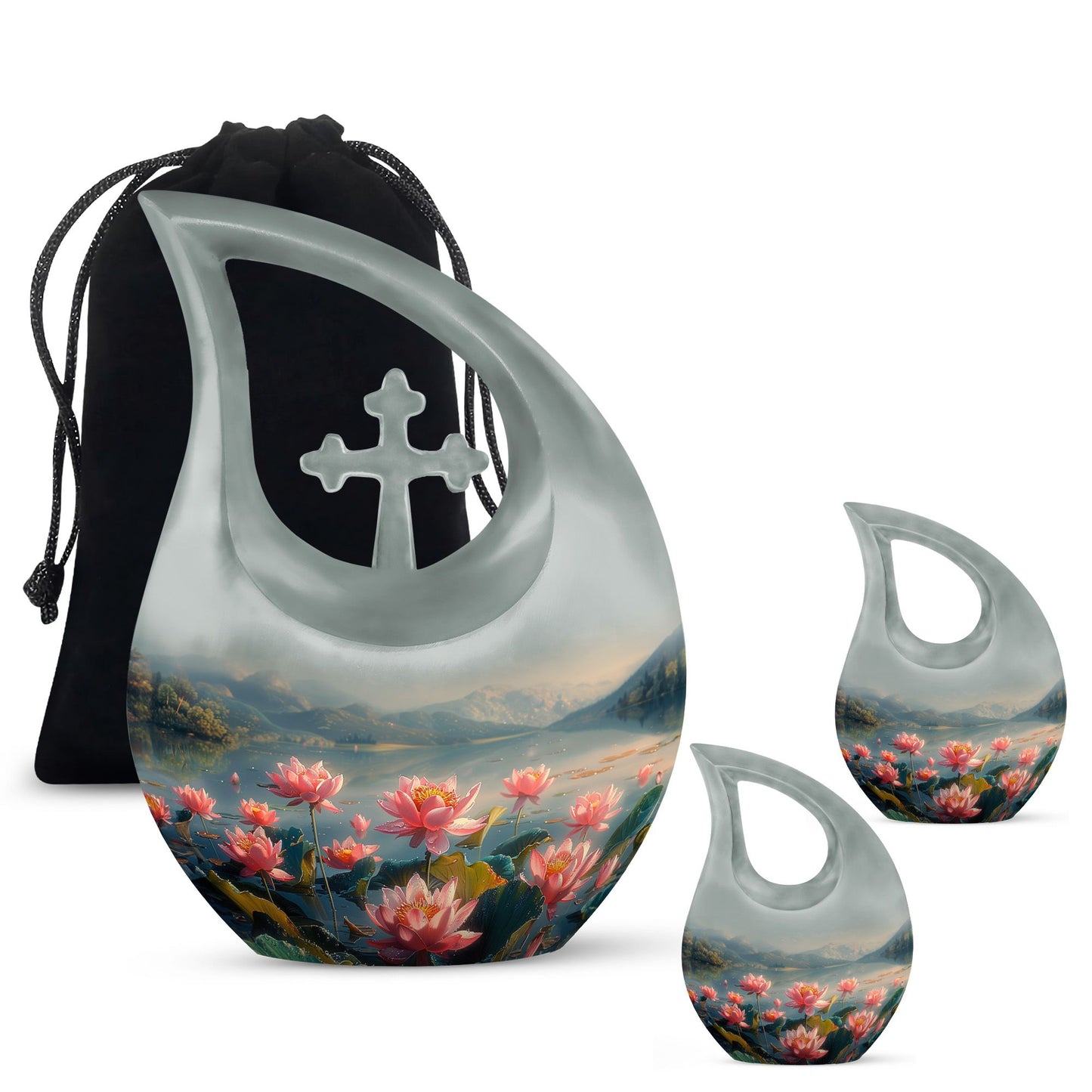 Lotus Theme Large Urn With 2 Keepsake Urn