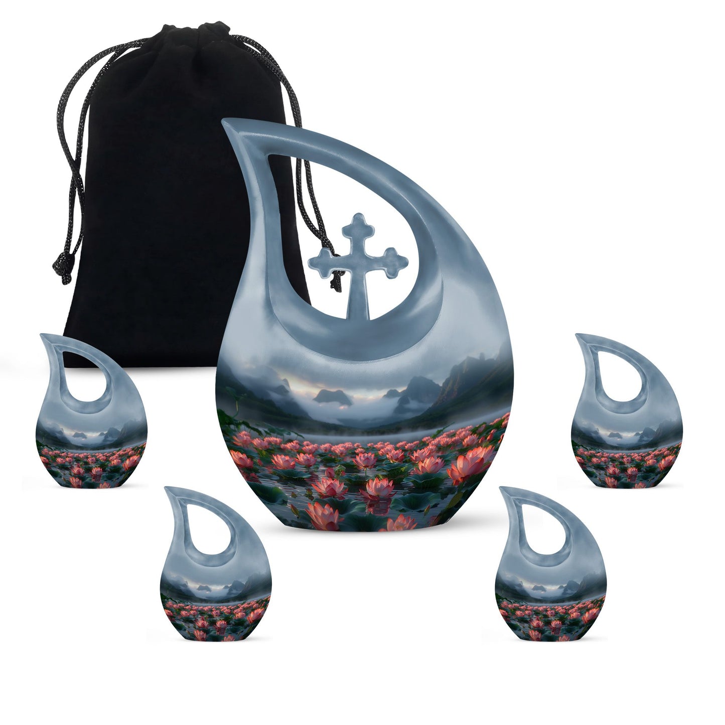 Lotus Theme Large Urn With 4 Keepsake Urn