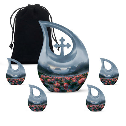 Lotus Theme Large Urn With 4 Keepsake Urn