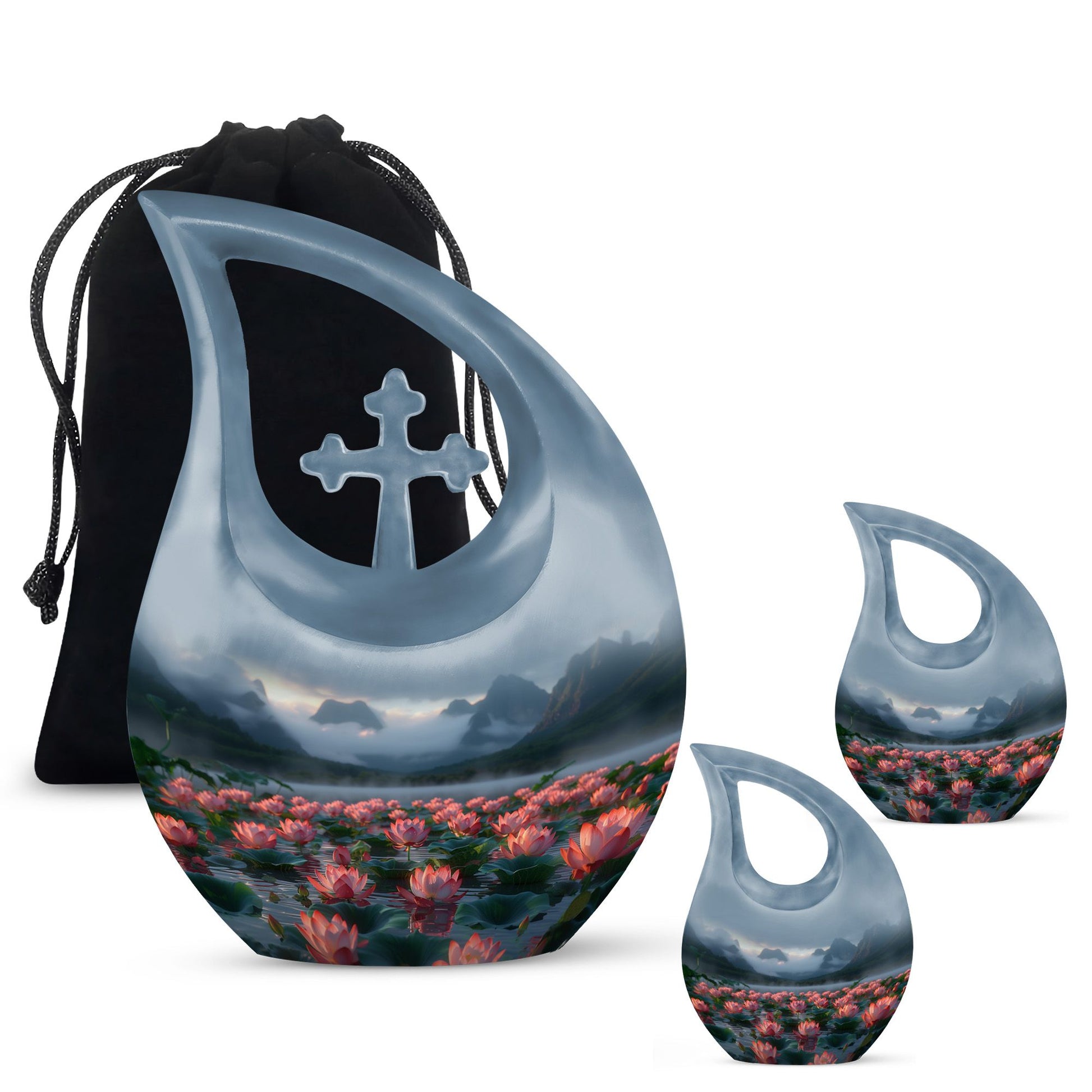 Lotus Theme Large Urn With 2 Keepsake Urn