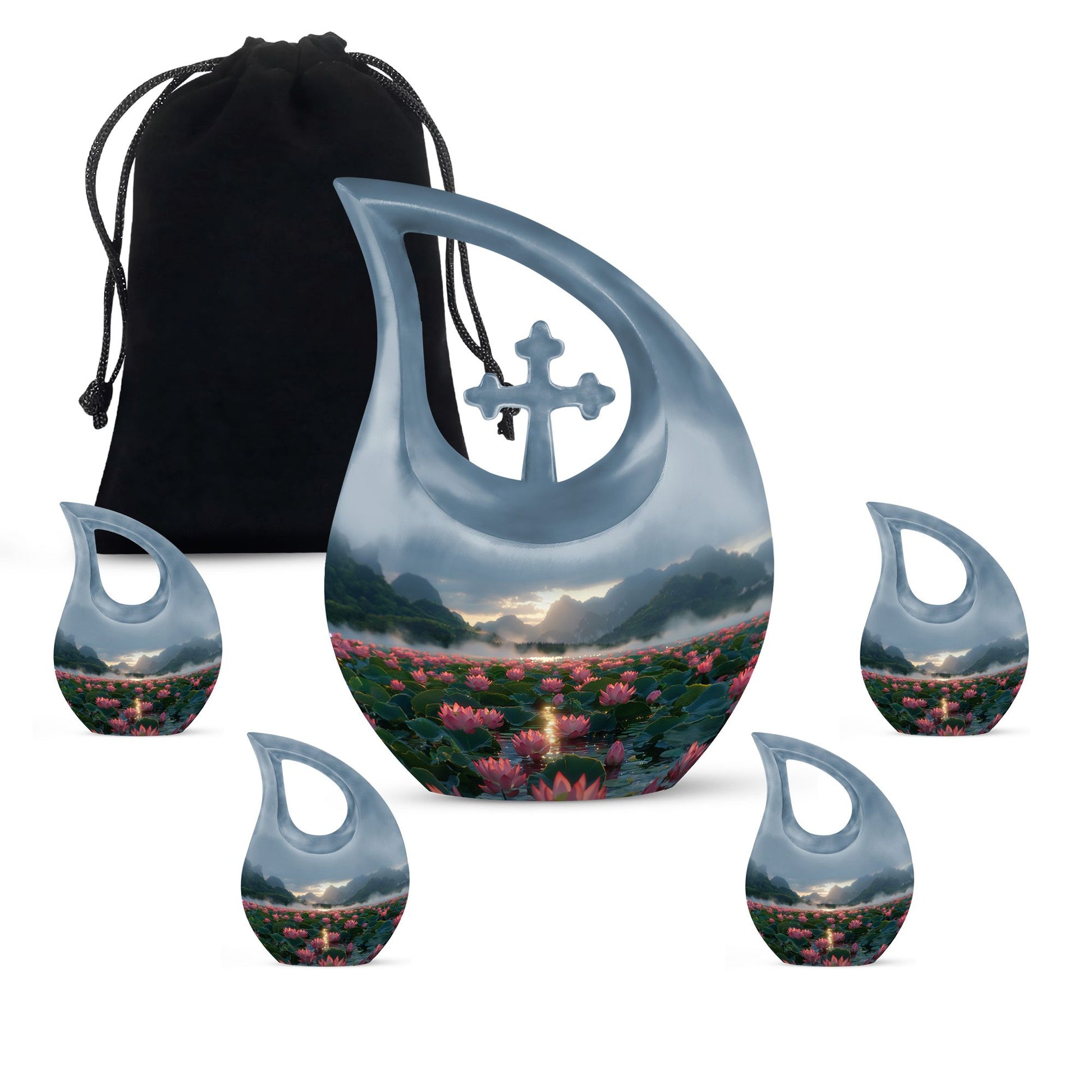 Lotus Theme Large Urn With 4 Keepsake Urn
