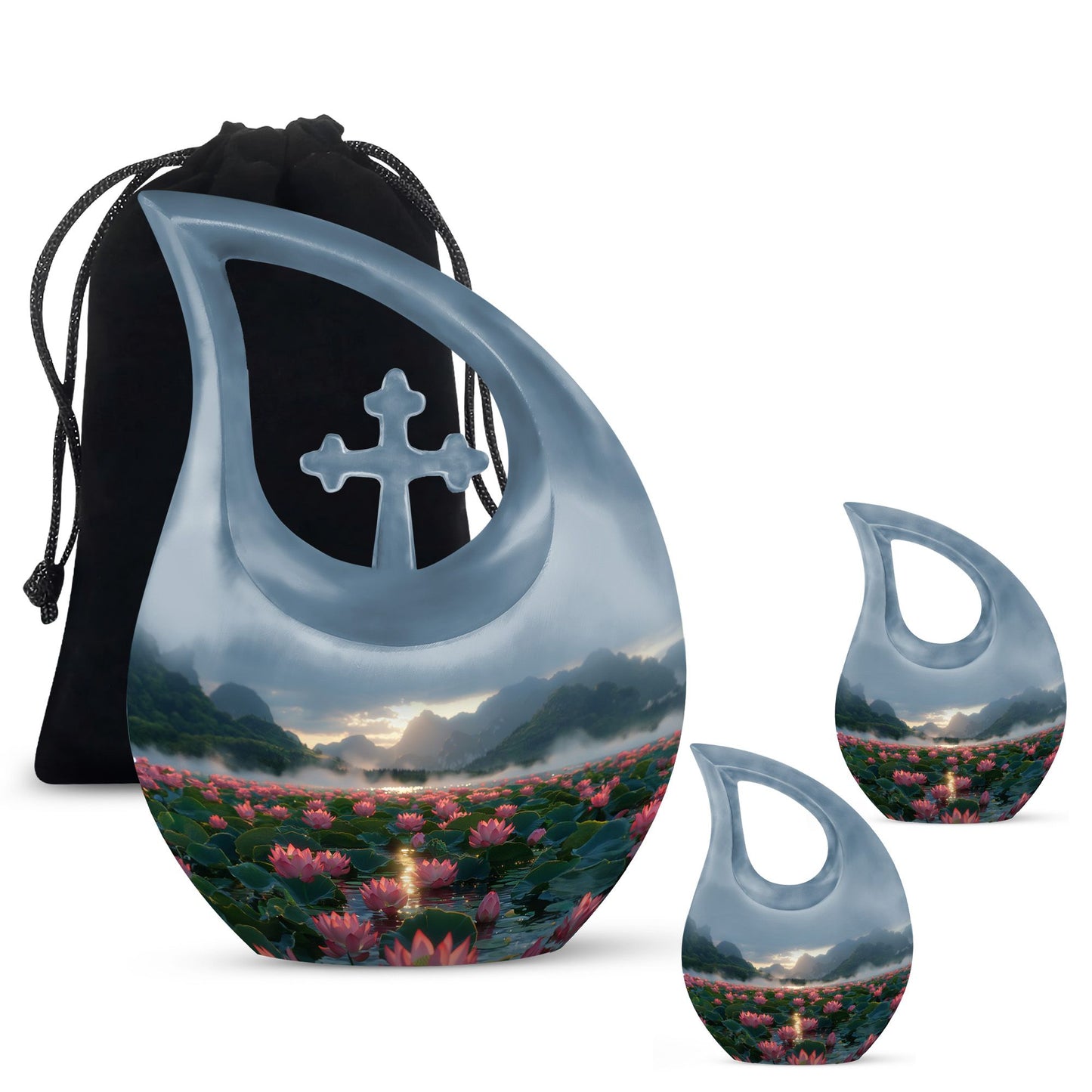 Lotus Theme Large Urn With 2 Keepsake Urn
