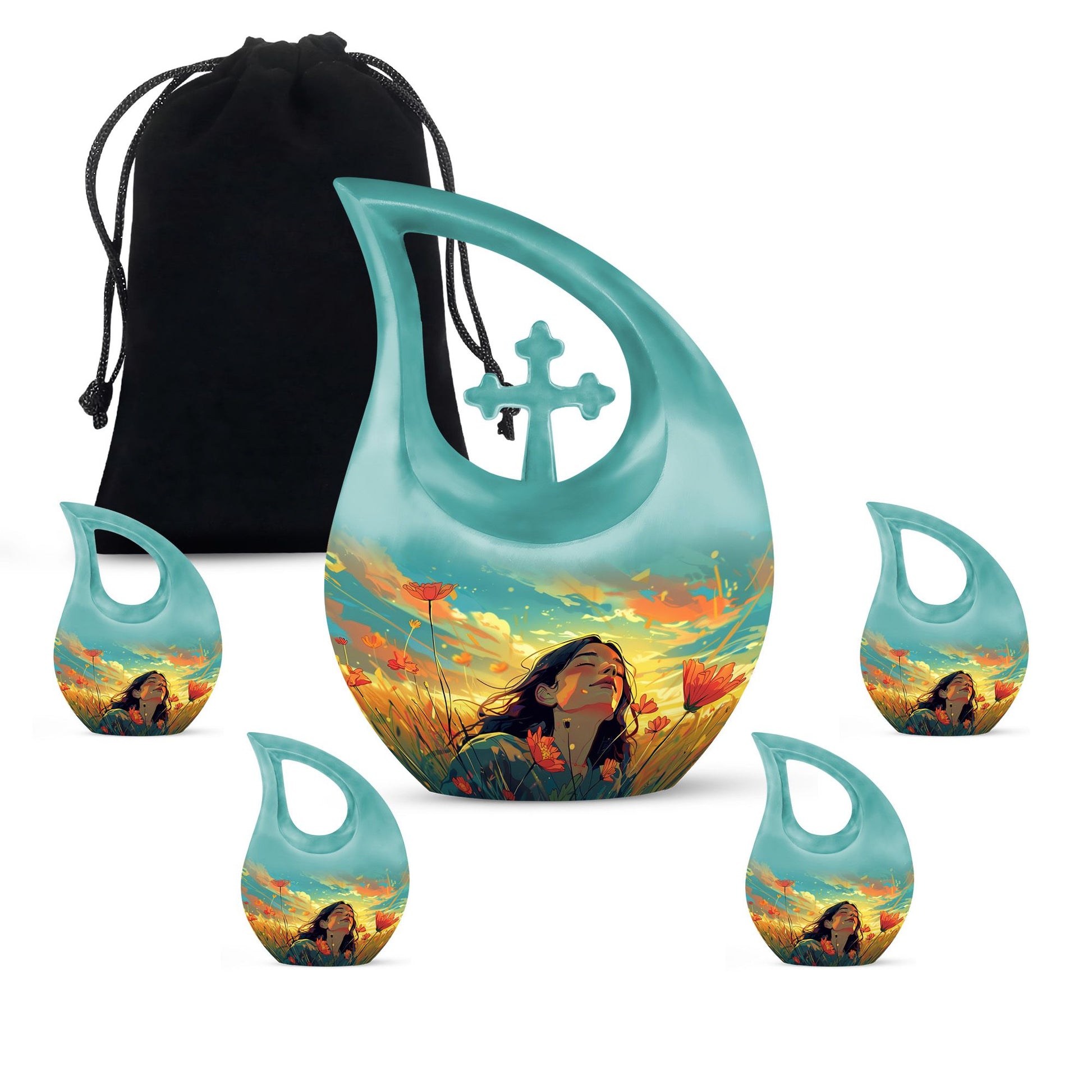 Flower Theme Large Urn With 4 Keepsake Urn