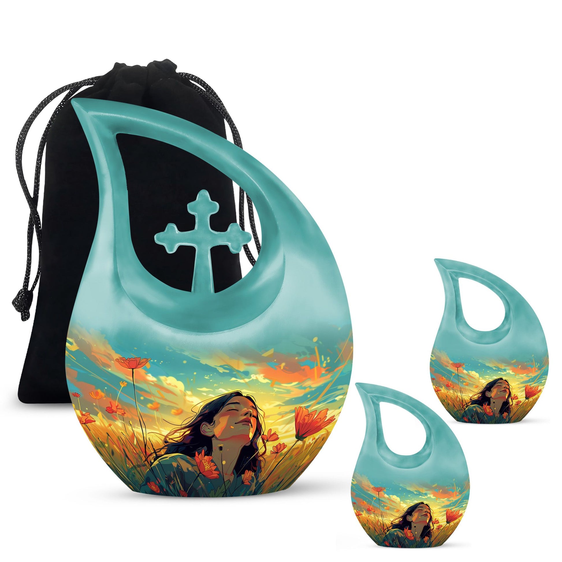 Flower Theme Large Urn With 2 Keepsake Urn