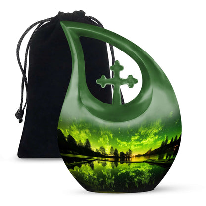 Aurora Borealis Cremation Urn for Adult Ashes - Green Memorial Urn For Cremation