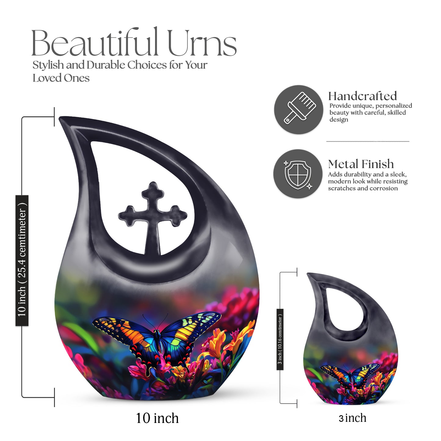 Indigo Butterfly Cremation Urn back view with polished surface - cross and butterfly combined in spiritual memorial design - mini keepsake memorial for portion of cremation ashes