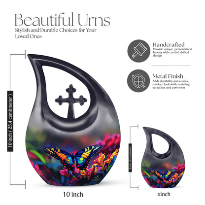 Indigo Butterfly Cremation Urn back view with polished surface - cross and butterfly combined in spiritual memorial design - mini keepsake memorial for portion of cremation ashes