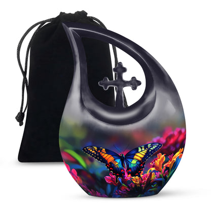 Cobalt Blue Butterfly Cremation Urn top-down view of secure threaded lid - devotional cross-drop butterfly engraving - full-size 10 inch 200 cubic inch adult cremation urn