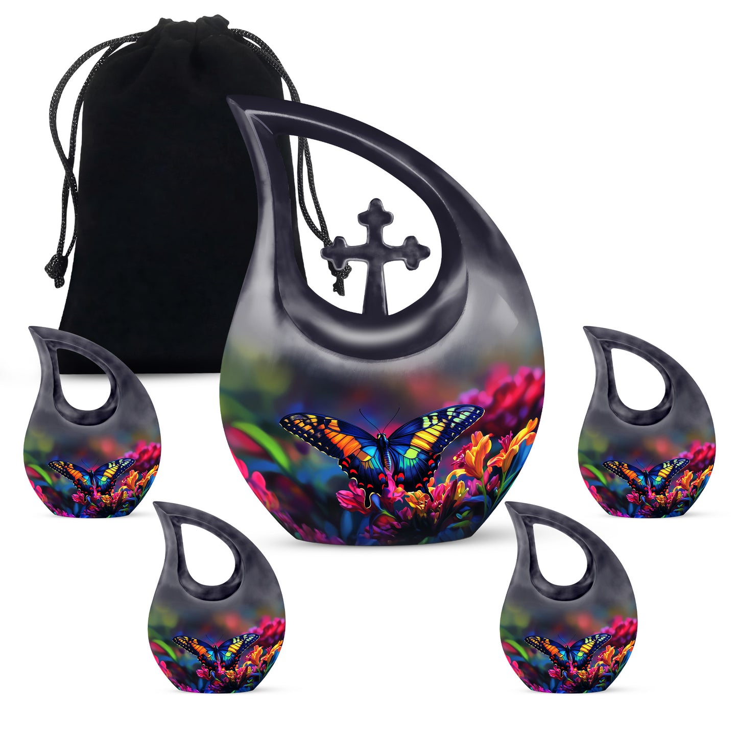 Cobalt Blue Butterfly Cremation Urn urn with complimentary velvet bag - faith-inspired cross-drop urn with butterfly pattern - memorial set with one large and four small urns