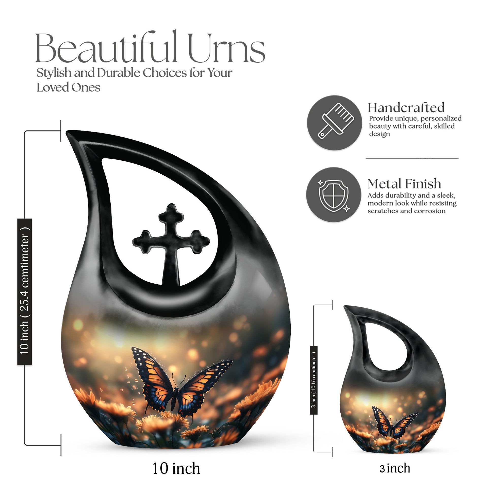 Burnished Gold Butterfly Cremation Urn back view with polished surface - devotional cross-drop butterfly engraving - mini keepsake memorial for portion of cremation ashes
