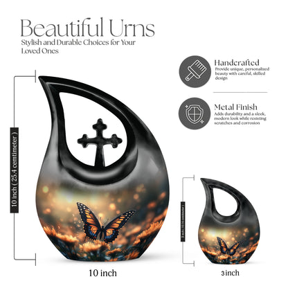 Burnished Gold Butterfly Cremation Urn back view with polished surface - devotional cross-drop butterfly engraving - mini keepsake memorial for portion of cremation ashes