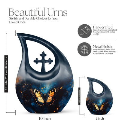Calming Blue Butterfly Cremation Urn back view with polished surface - faith-inspired cross-drop urn with butterfly pattern - mini keepsake memorial for portion of cremation ashes