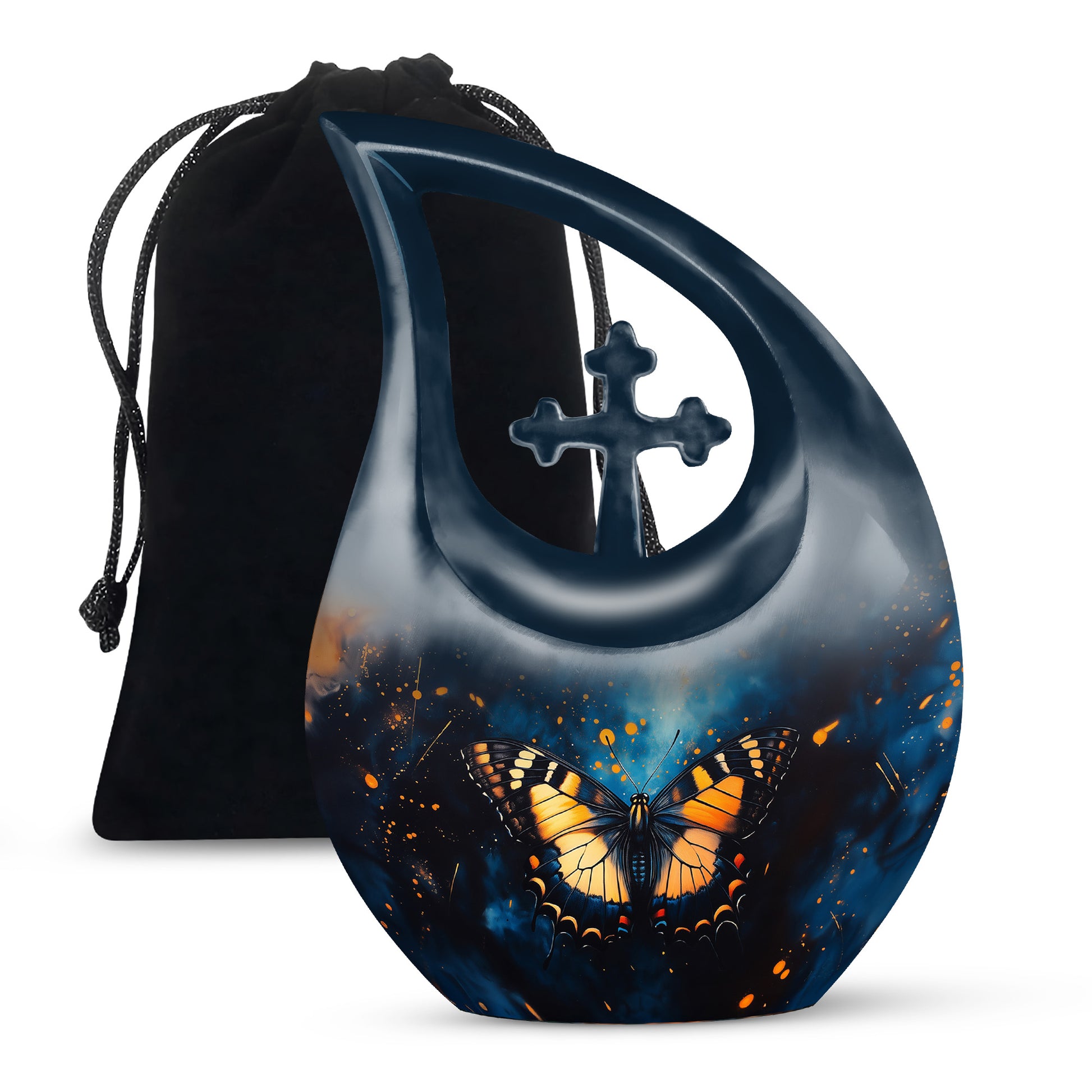 Serene Blue Butterfly Cremation Urn top-down view of secure threaded lid - faith-inspired cross-drop urn with butterfly pattern - full-size 10 inch 200 cubic inch adult cremation urn
