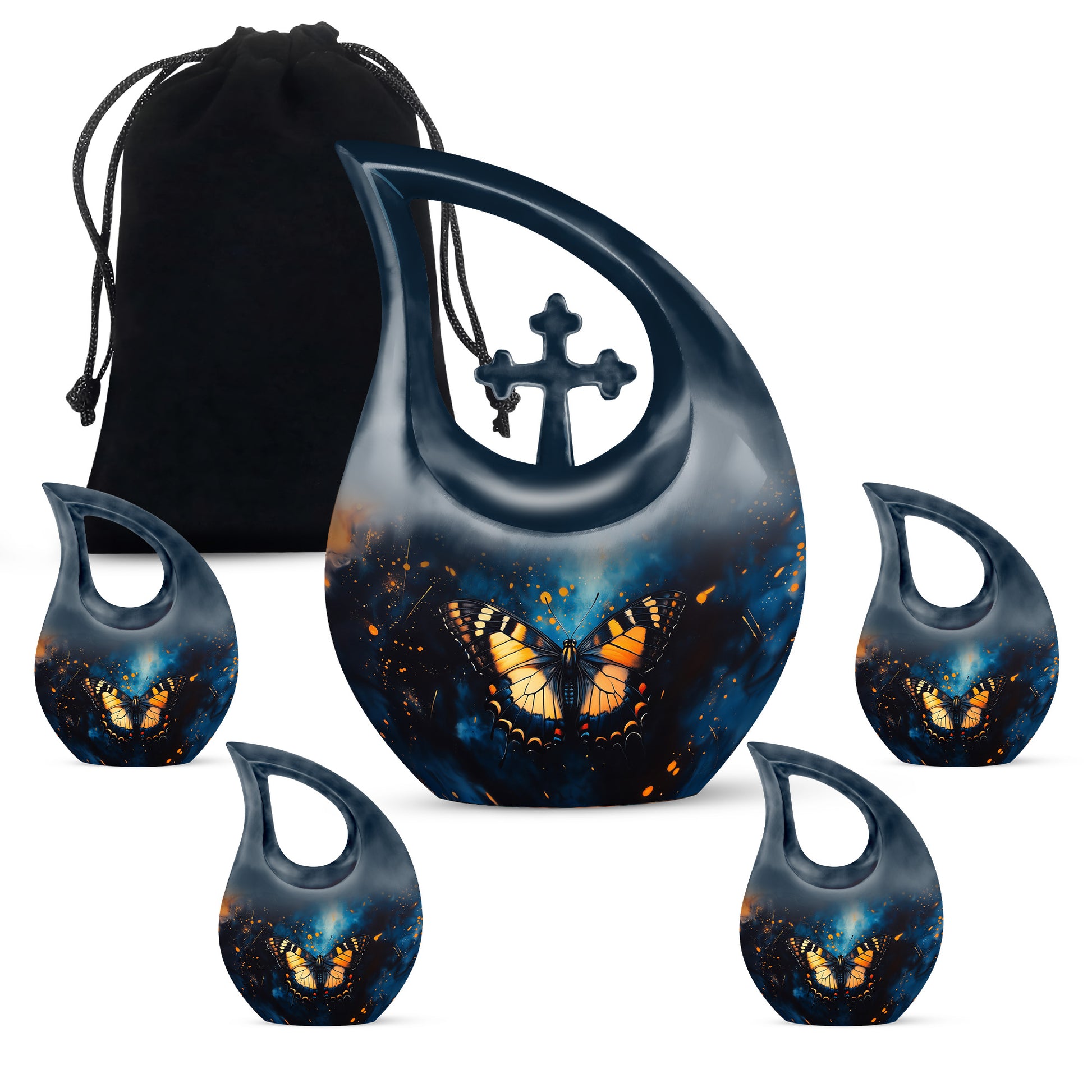 Celestial Blue Butterfly Cremation Urn urn with complimentary velvet bag - cross and butterfly combined in spiritual memorial design - memorial set with one large and four small urns