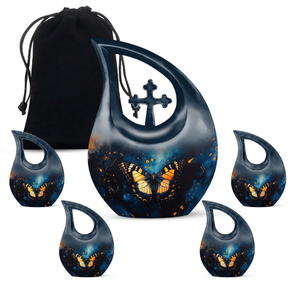 Celestial Blue Butterfly Cremation Urn urn with complimentary velvet bag - cross and butterfly combined in spiritual memorial design - memorial set with one large and four small urns