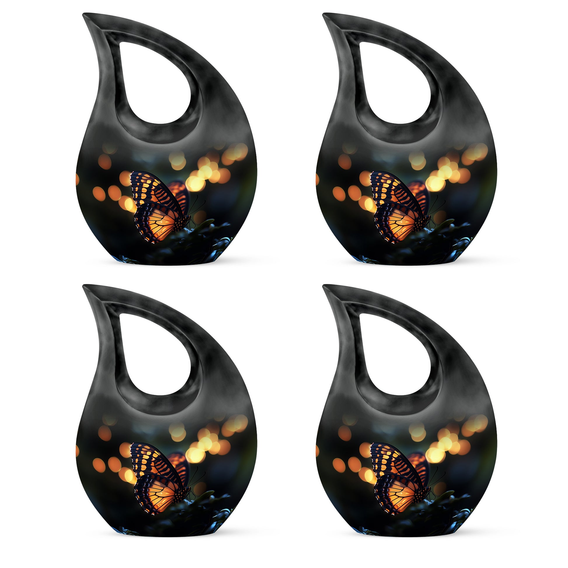 Midnight Black Butterfly Cremation Urn lifestyle display on memorial shelf - faith-inspired cross-drop urn with butterfly pattern - 10 inch aluminum urn for cremated remains
