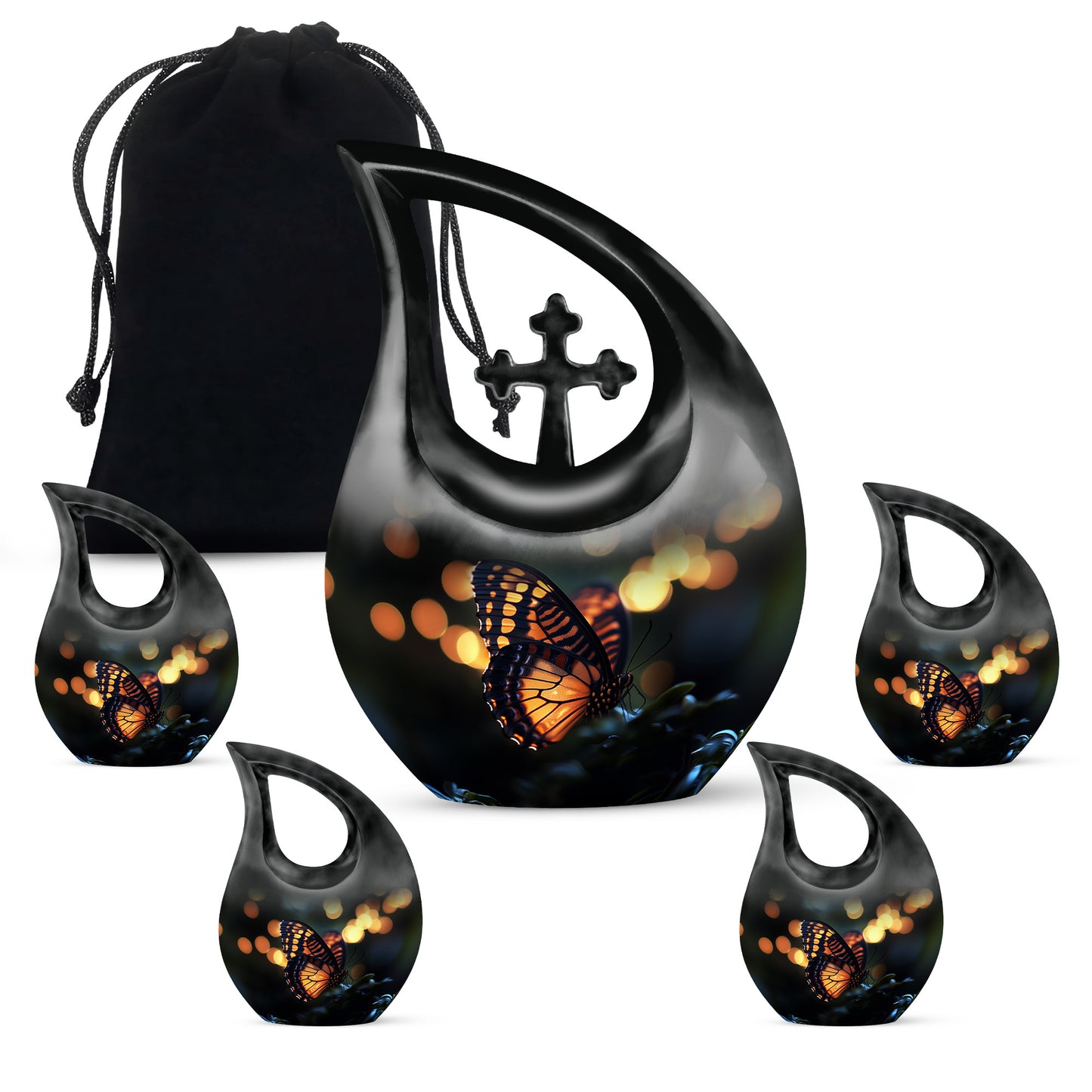 Onyx Black Butterfly Cremation Urn urn with complimentary velvet bag - devotional cross-drop butterfly engraving - memorial set with one large and four small urns