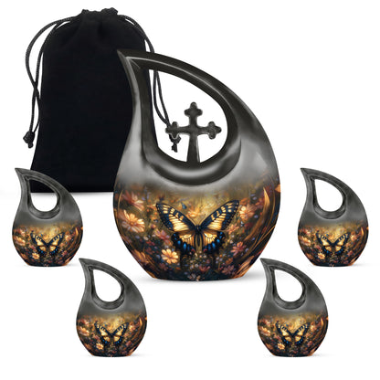 Harvest Gold Butterfly Cremation Urn urn with complimentary velvet bag - devotional cross-drop butterfly engraving - memorial set with one large and four small urns