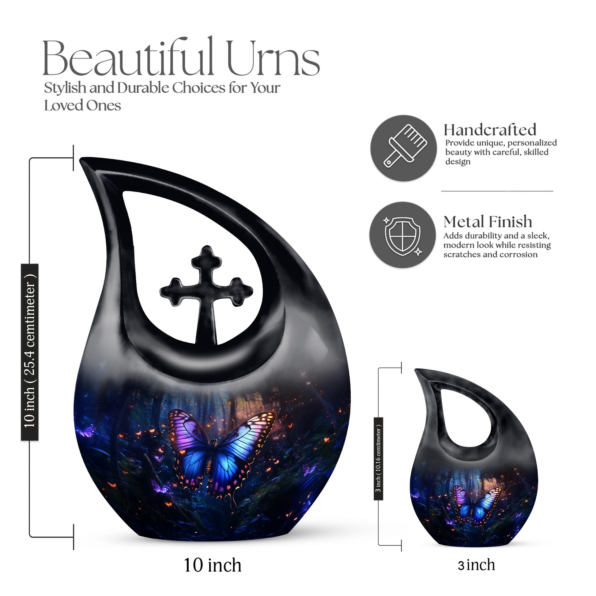 Bright Blue Butterfly Cremation Urn back view with polished surface - devotional cross-drop butterfly engraving - mini keepsake memorial for portion of cremation ashes