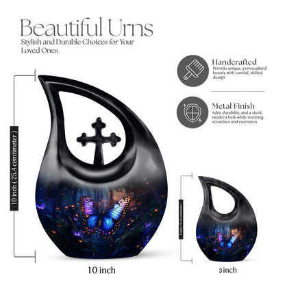Bright Blue Butterfly Cremation Urn back view with polished surface - devotional cross-drop butterfly engraving - mini keepsake memorial for portion of cremation ashes