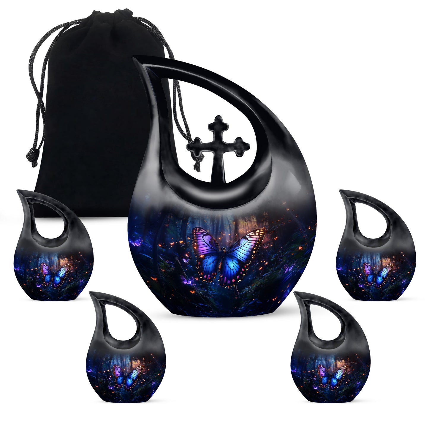 Royal Blue Butterfly Cremation Urn urn with complimentary velvet bag - faith-inspired cross-drop urn with butterfly pattern - memorial set with one large and four small urns