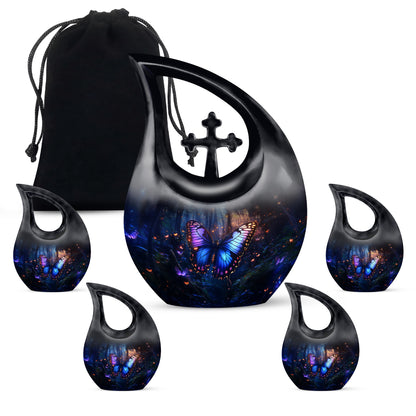 Royal Blue Butterfly Cremation Urn urn with complimentary velvet bag - faith-inspired cross-drop urn with butterfly pattern - memorial set with one large and four small urns