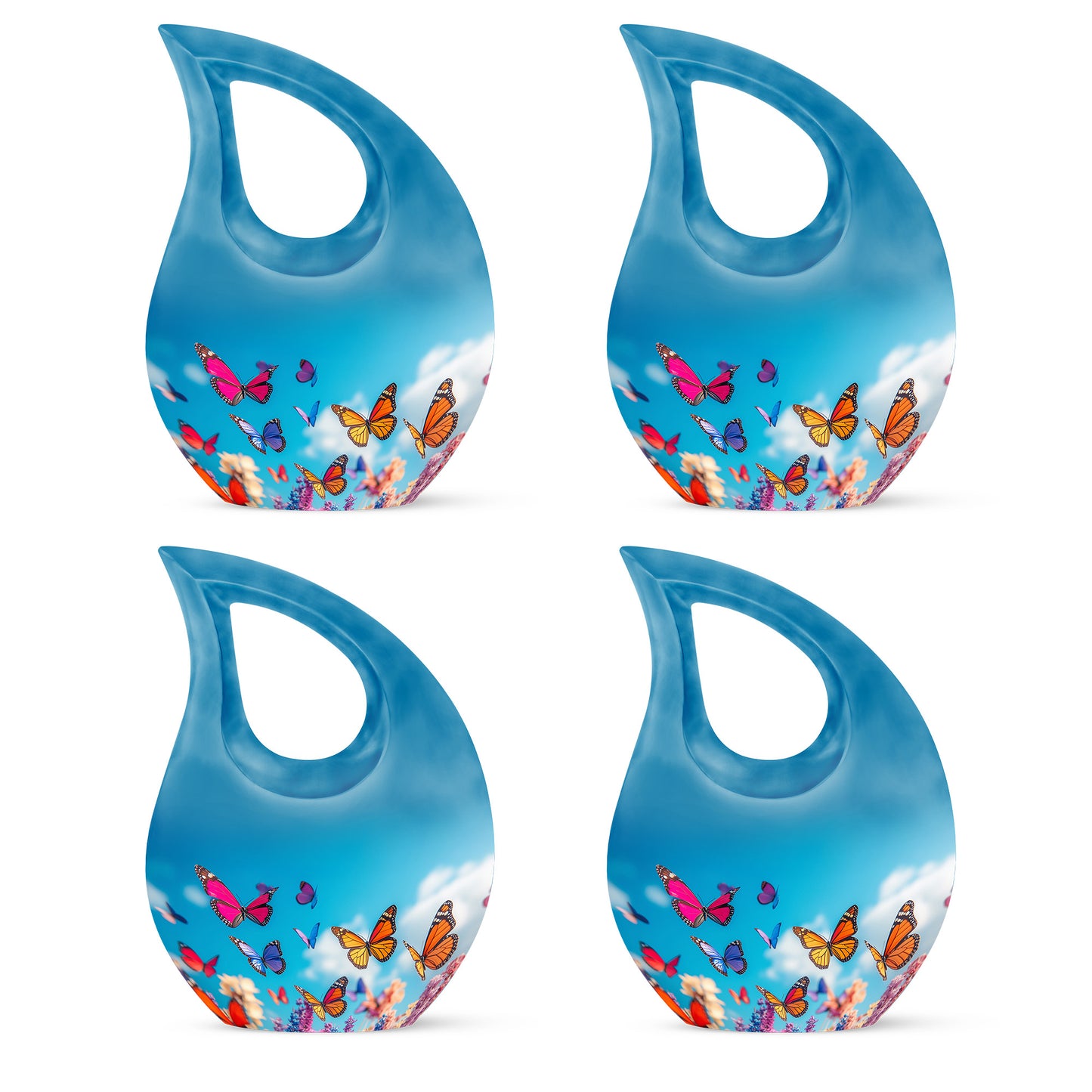 Slate Blue Butterfly Cremation Urn lifestyle display on memorial shelf - cross and butterfly combined in spiritual memorial design - 10 inch aluminum urn for cremated remains