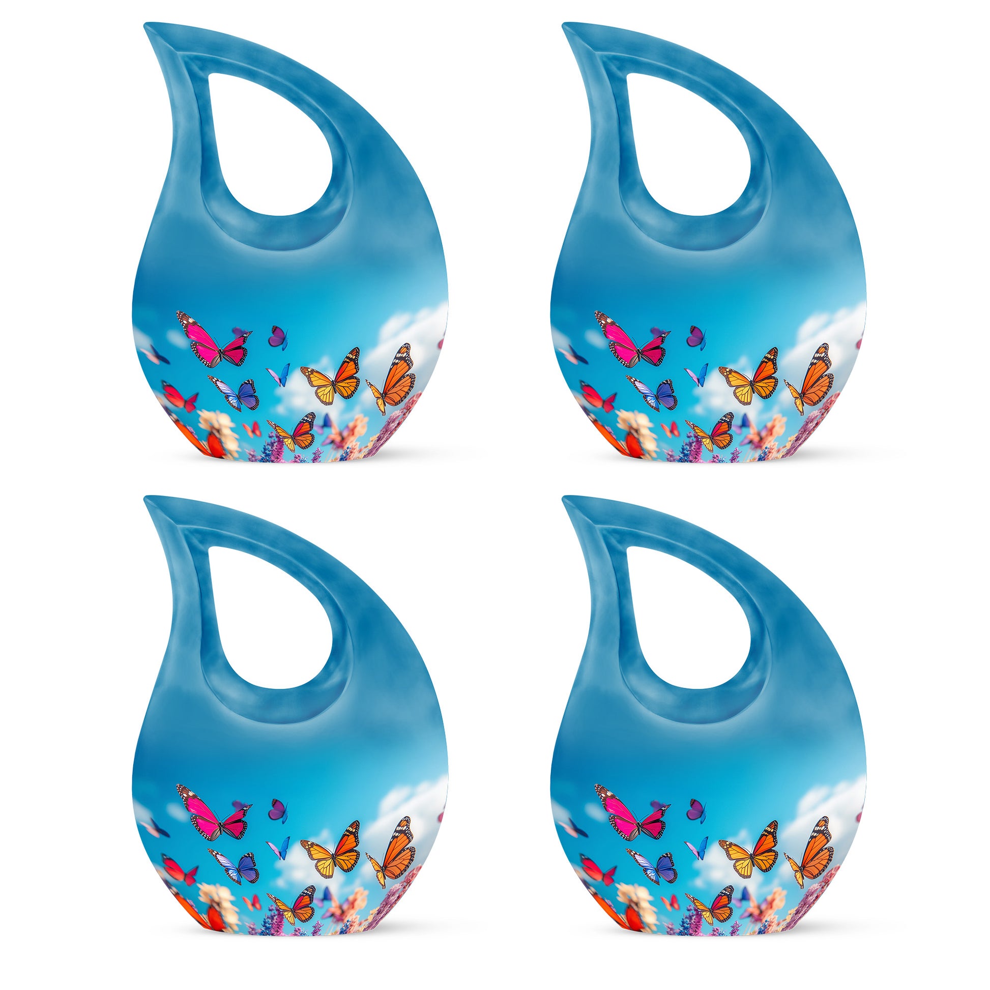 Slate Blue Butterfly Cremation Urn lifestyle display on memorial shelf - cross and butterfly combined in spiritual memorial design - 10 inch aluminum urn for cremated remains