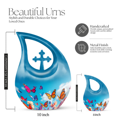 Soft Blue Butterfly Cremation Urn back view with polished surface - faith-inspired cross-drop urn with butterfly pattern - mini keepsake memorial for portion of cremation ashes