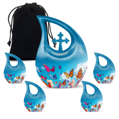 Celestial Blue Butterfly Cremation Urn urn with complimentary velvet bag - cross and butterfly combined in spiritual memorial design - memorial set with one large and four small urns