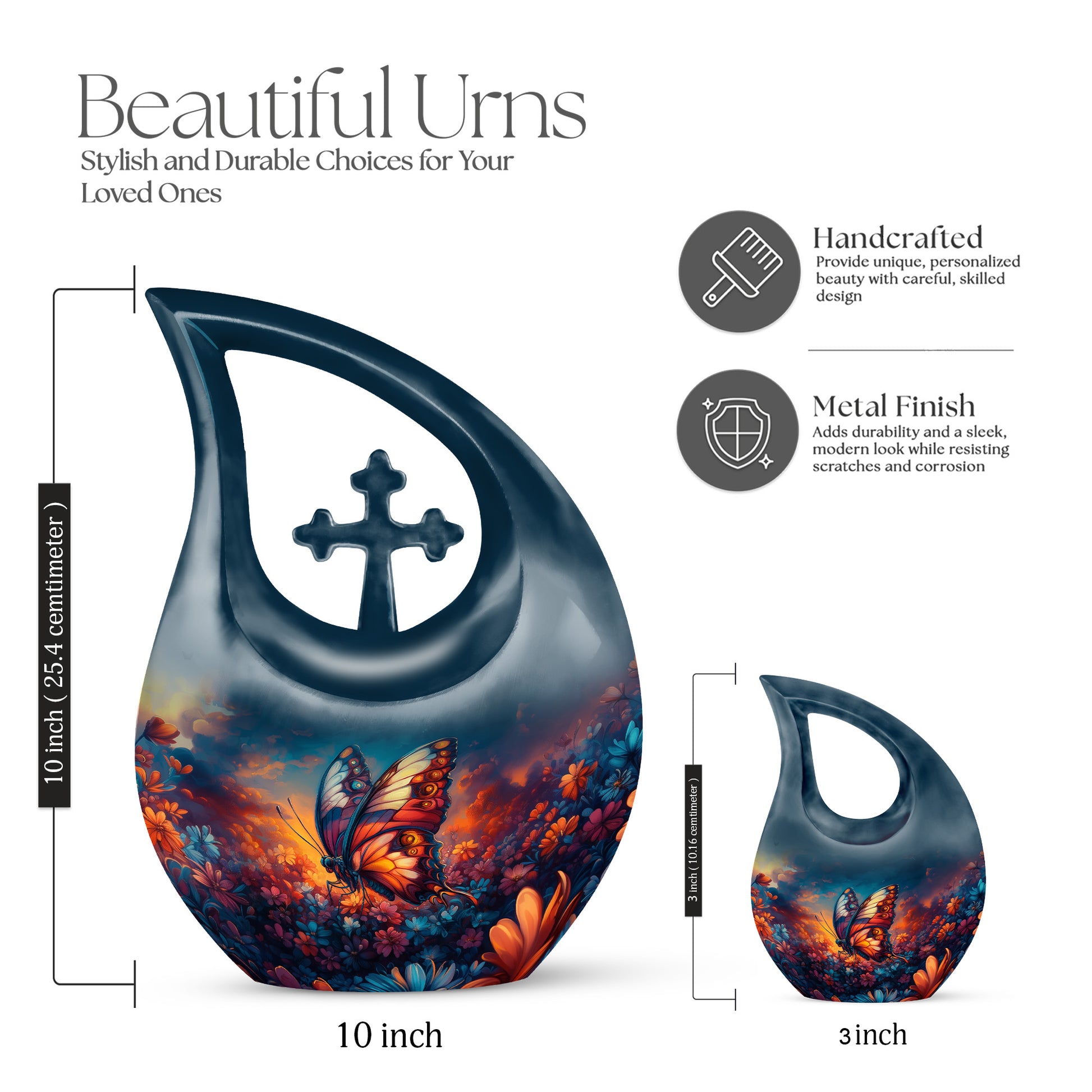 Serene Blue Butterfly Cremation Urn back view with polished surface - faith-inspired cross-drop urn with butterfly pattern - mini keepsake memorial for portion of cremation ashes