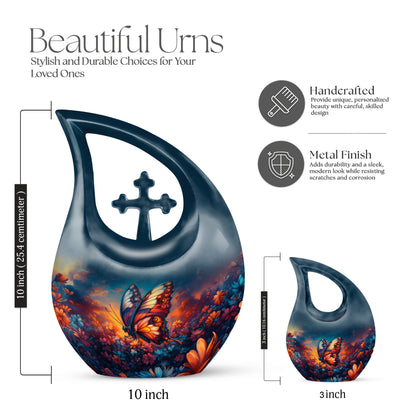 Serene Blue Butterfly Cremation Urn back view with polished surface - faith-inspired cross-drop urn with butterfly pattern - mini keepsake memorial for portion of cremation ashes