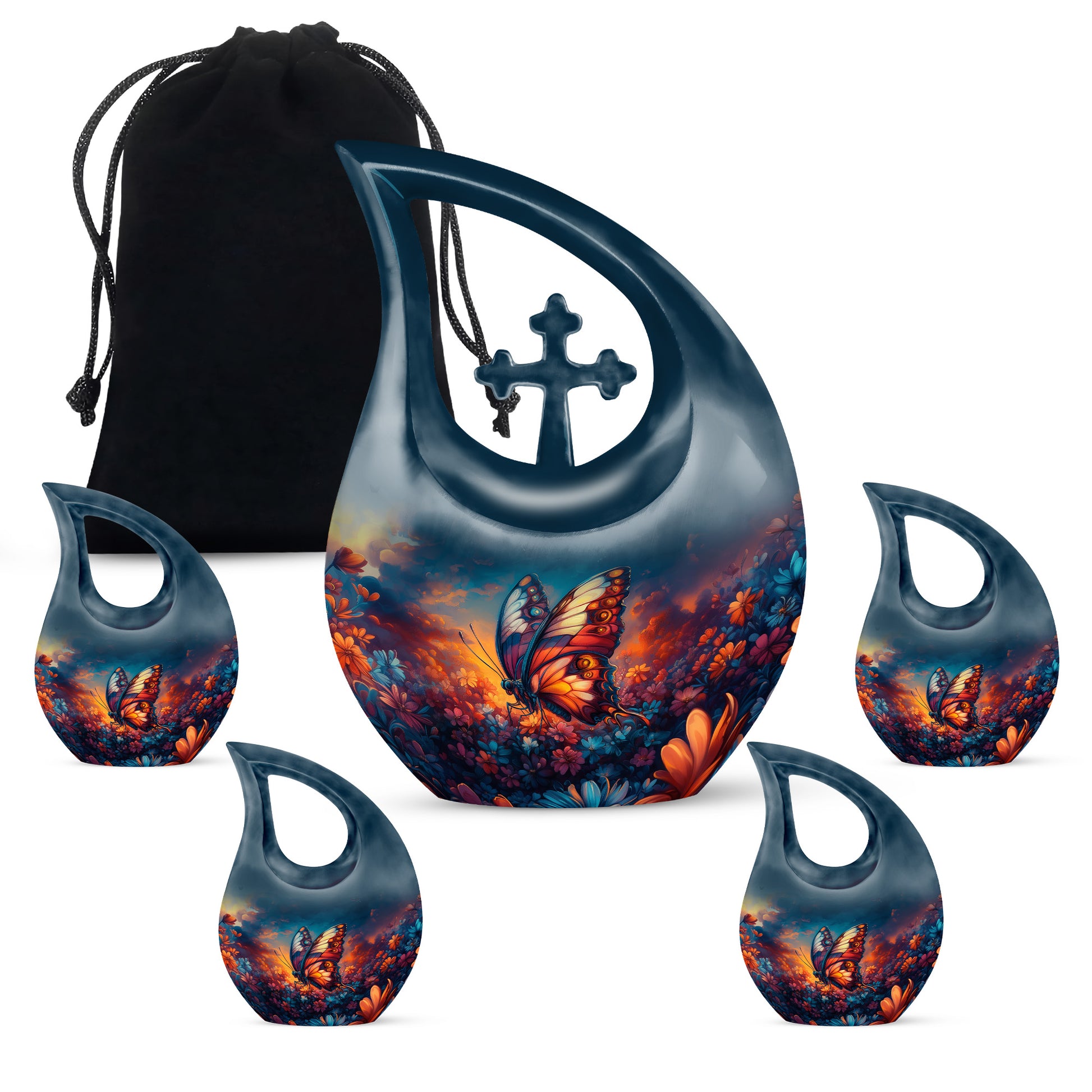 Vivid Blue Butterfly Cremation Urn urn with complimentary velvet bag - devotional cross-drop butterfly engraving - memorial set with one large and four small urns