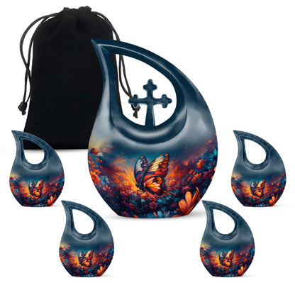 Vivid Blue Butterfly Cremation Urn urn with complimentary velvet bag - devotional cross-drop butterfly engraving - memorial set with one large and four small urns
