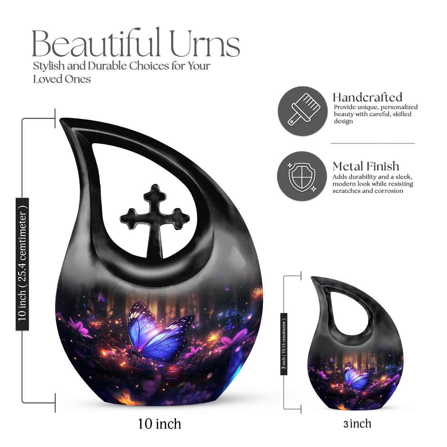 Dark Black Butterfly Cremation Urn back view with polished surface - devotional cross-drop butterfly engraving - mini keepsake memorial for portion of cremation ashes