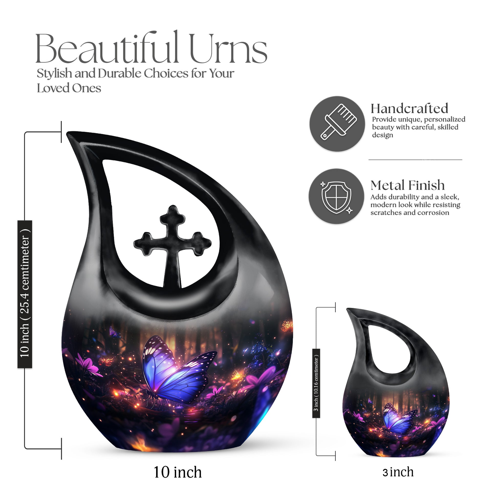 Dark Black Butterfly Cremation Urn back view with polished surface - devotional cross-drop butterfly engraving - mini keepsake memorial for portion of cremation ashes