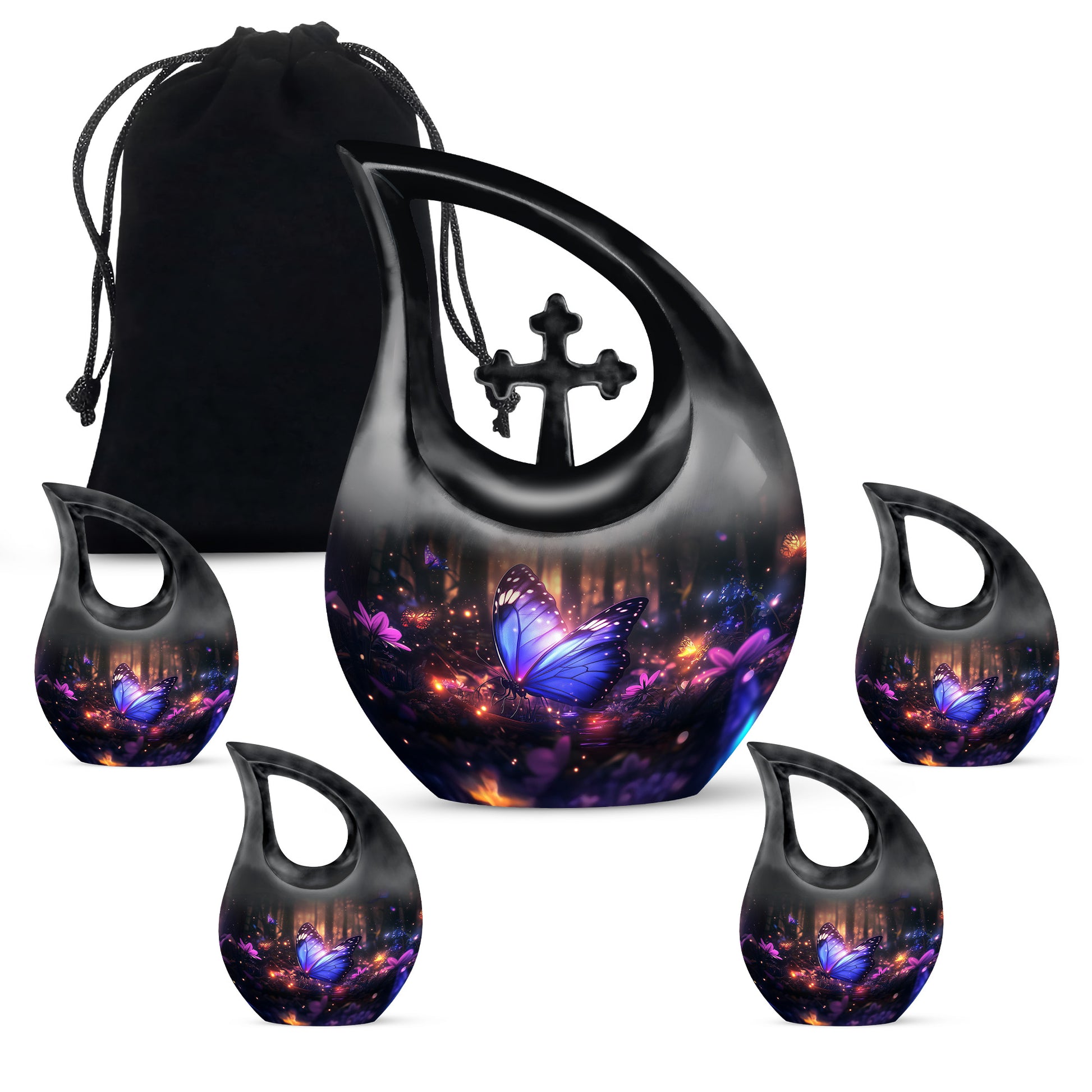 Charcoal Black Butterfly Cremation Urn urn with complimentary velvet bag - faith-inspired cross-drop urn with butterfly pattern - memorial set with one large and four small urns