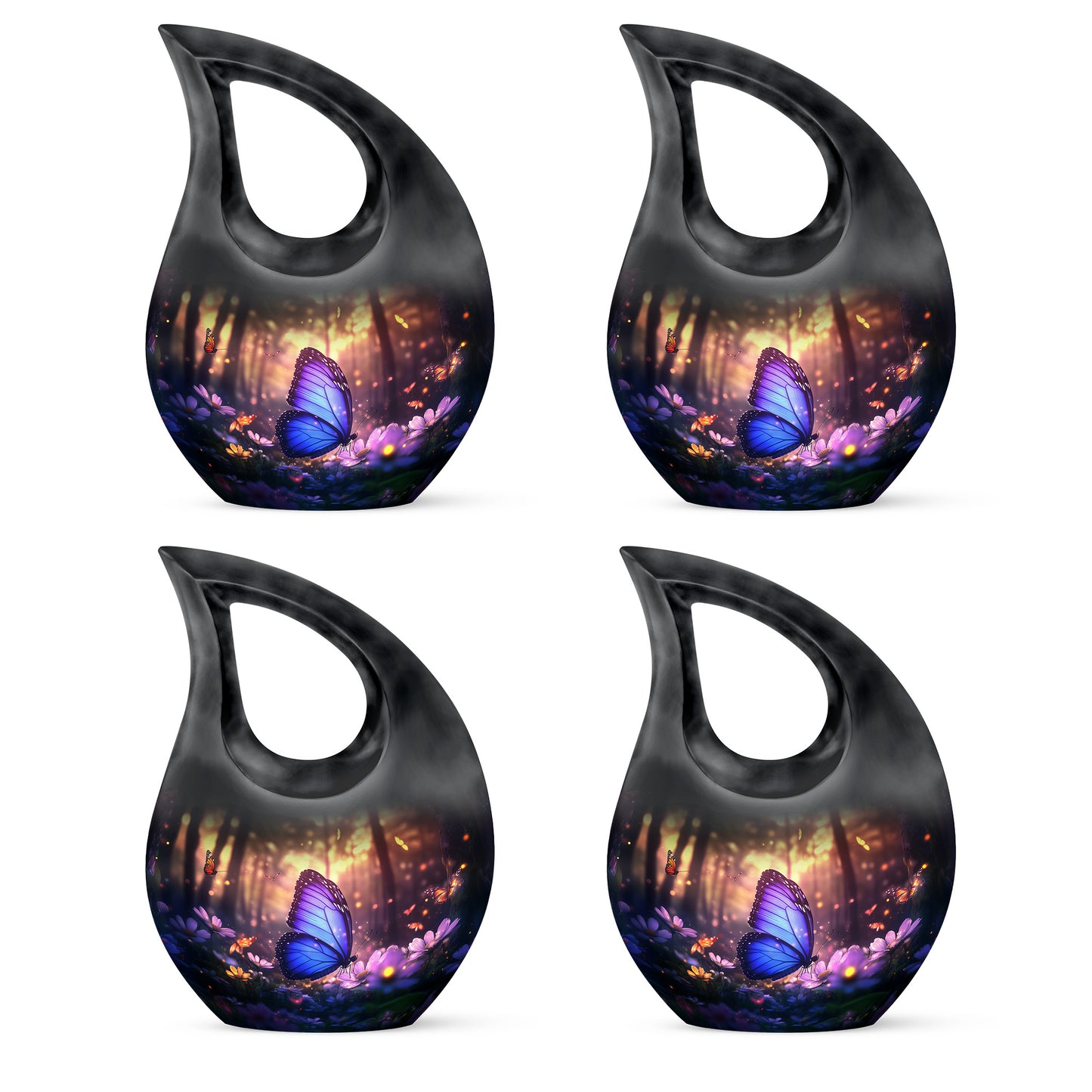 Obsidian Black Butterfly Cremation Urn lifestyle display on memorial shelf - faith-inspired cross-drop urn with butterfly pattern - 10 inch aluminum urn for cremated remains