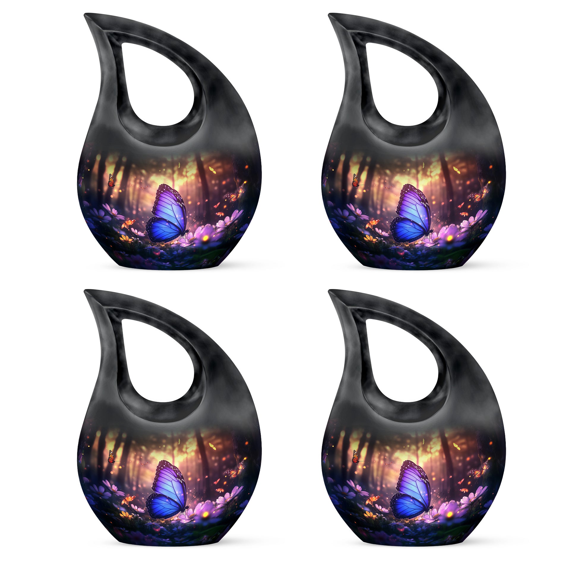 Obsidian Black Butterfly Cremation Urn lifestyle display on memorial shelf - faith-inspired cross-drop urn with butterfly pattern - 10 inch aluminum urn for cremated remains