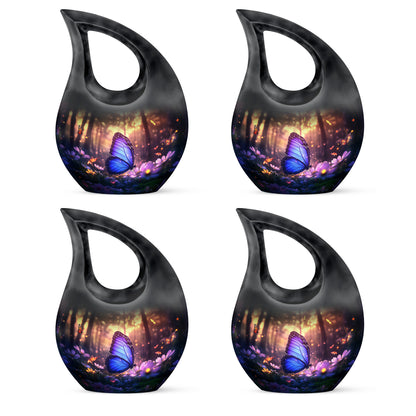 Obsidian Black Butterfly Cremation Urn lifestyle display on memorial shelf - faith-inspired cross-drop urn with butterfly pattern - 10 inch aluminum urn for cremated remains