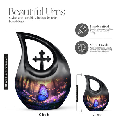 Ebony Butterfly Cremation Urn back view with polished surface - sacred cross merged with butterfly motif on metal - mini keepsake memorial for portion of cremation ashes