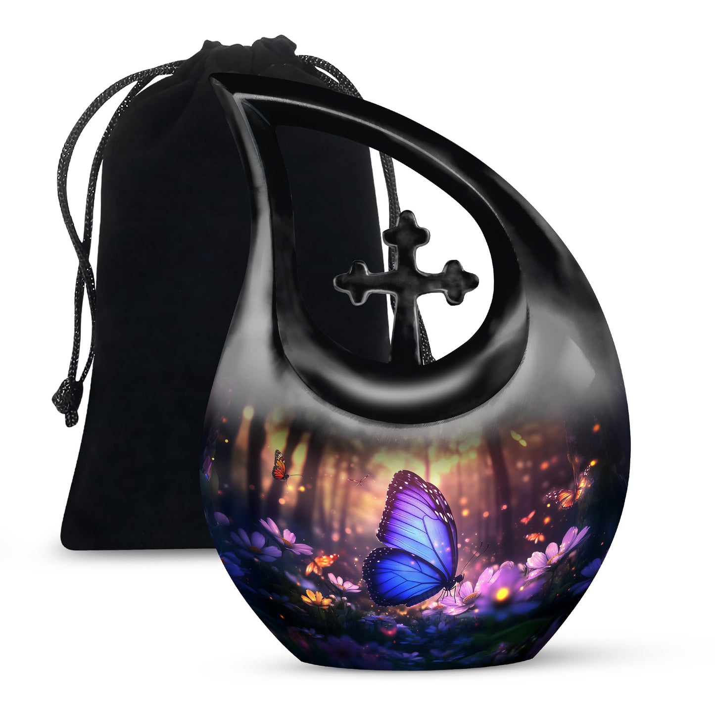 Ebony Butterfly Cremation Urn top-down view of secure threaded lid - sacred cross merged with butterfly motif on metal - full-size 10 inch 200 cubic inch adult cremation urn