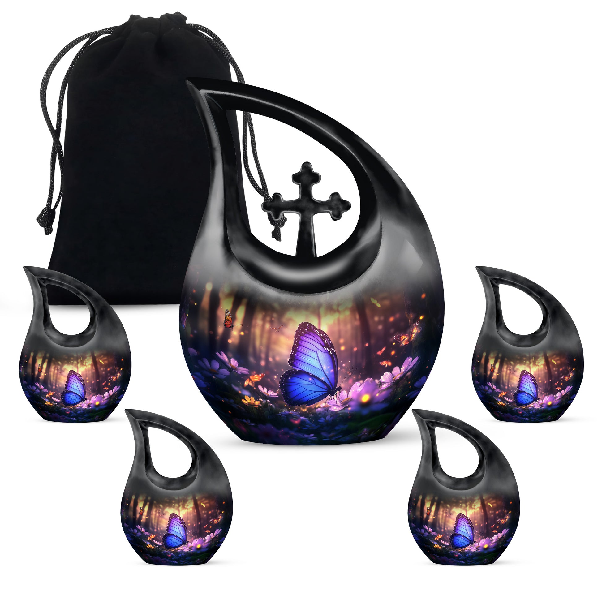 Onyx Black Butterfly Cremation Urn urn with complimentary velvet bag - faith-inspired cross-drop urn with butterfly pattern - memorial set with one large and four small urns