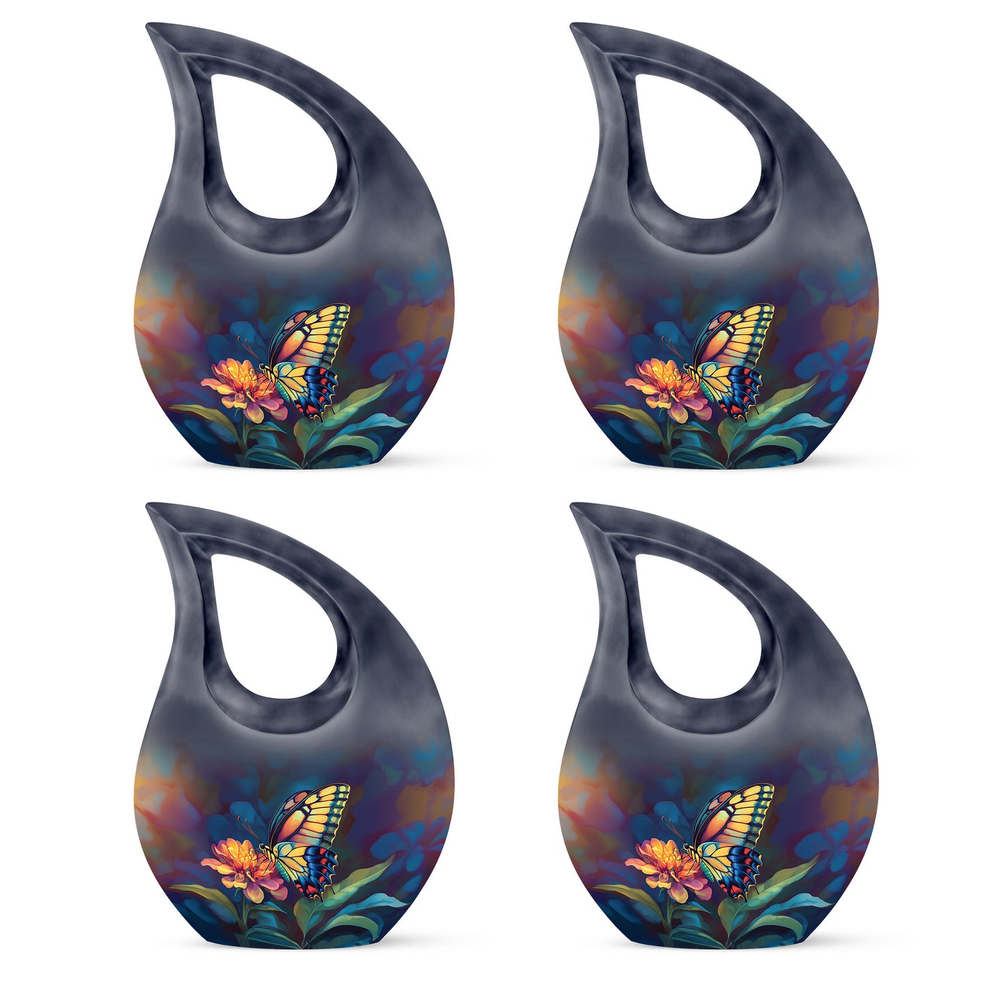 Jet Black Butterfly Cremation Urn lifestyle display on memorial shelf - cross and butterfly combined in spiritual memorial design - 10 inch aluminum urn for cremated remains
