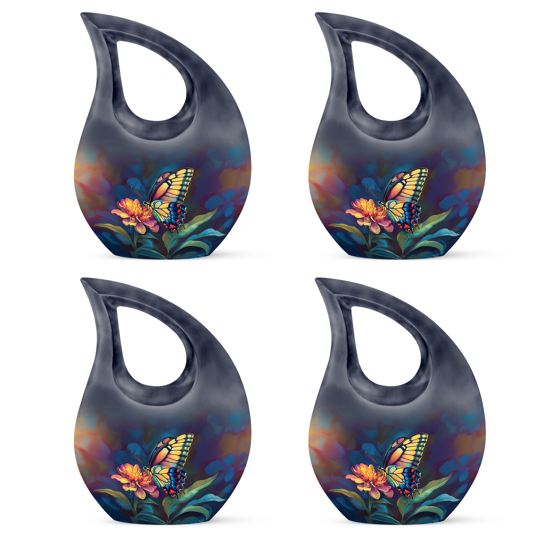Jet Black Butterfly Cremation Urn lifestyle display on memorial shelf - cross and butterfly combined in spiritual memorial design - 10 inch aluminum urn for cremated remains