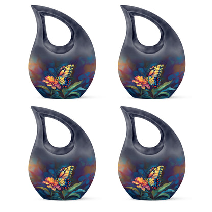 Jet Black Butterfly Cremation Urn lifestyle display on memorial shelf - cross and butterfly combined in spiritual memorial design - 10 inch aluminum urn for cremated remains