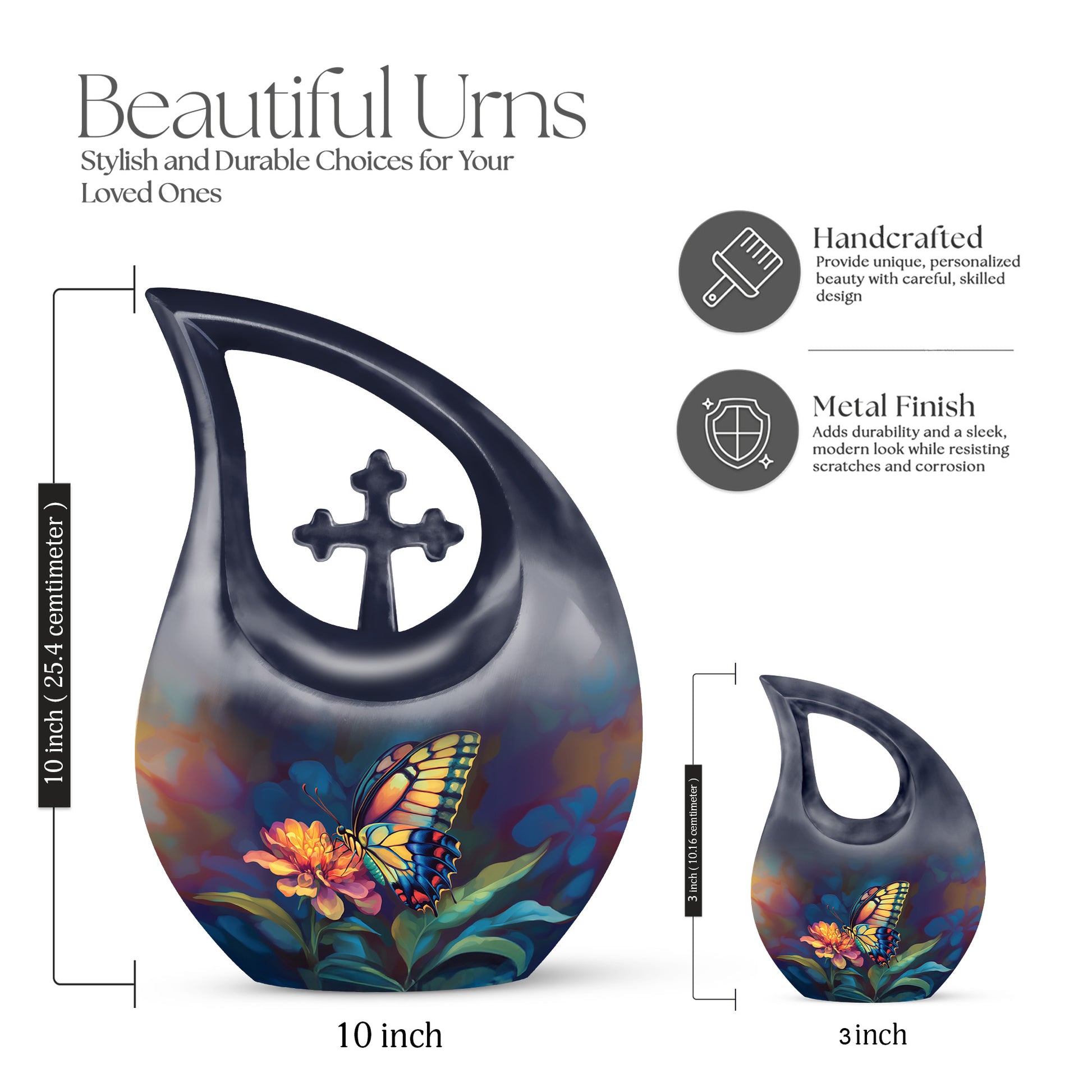Rich Black Butterfly Cremation Urn back view with polished surface - cross and butterfly combined in spiritual memorial design - mini keepsake memorial for portion of cremation ashes