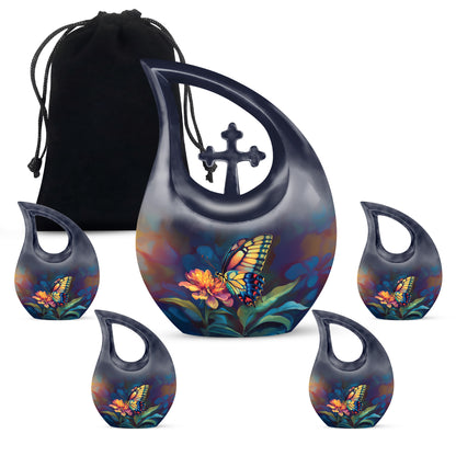 Rich Black Butterfly Cremation Urn urn with complimentary velvet bag - sacred cross merged with butterfly motif on metal - memorial set with one large and four small urns