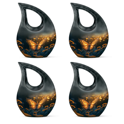 Ebony Butterfly Cremation Urn lifestyle display on memorial shelf - cross and butterfly combined in spiritual memorial design - 10 inch aluminum urn for cremated remains