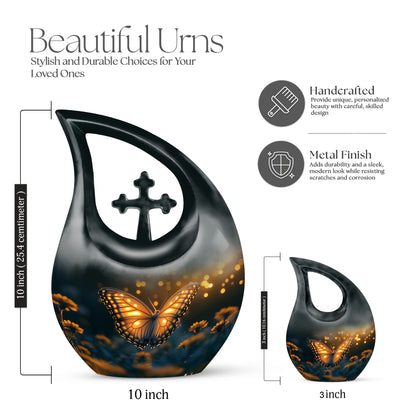 Rich Black Butterfly Cremation Urn back view with polished surface - sacred cross merged with butterfly motif on metal - mini keepsake memorial for portion of cremation ashes